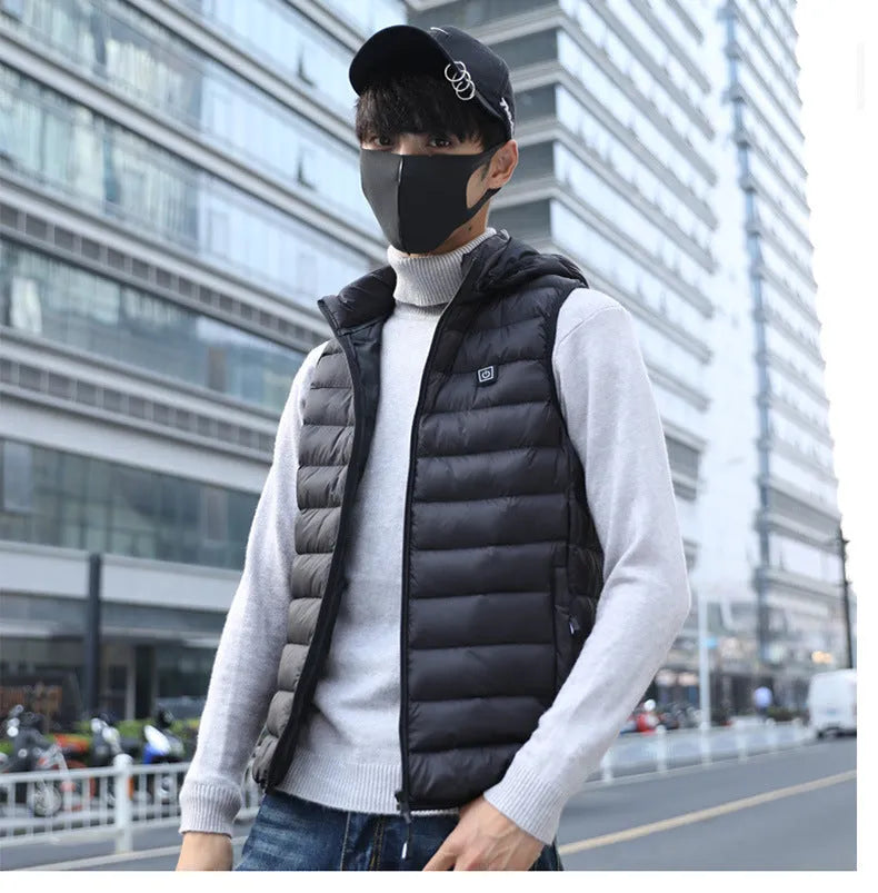 Heated cotton vest in black with USB electric heating panels for winter outdoor warmth