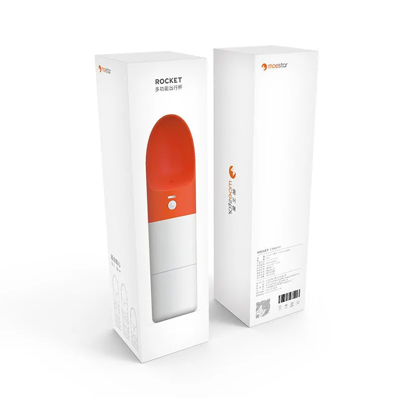 MOESTAR white and grey rocket-shaped pet drinking cup with a black drinking nozzle and lock button.
