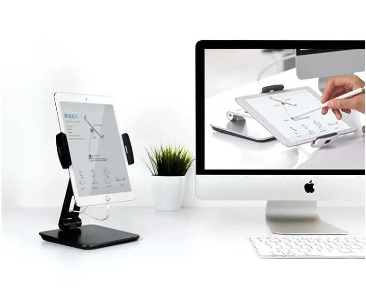 Foldable aluminium desktop phone and tablet stand with 360° rotation