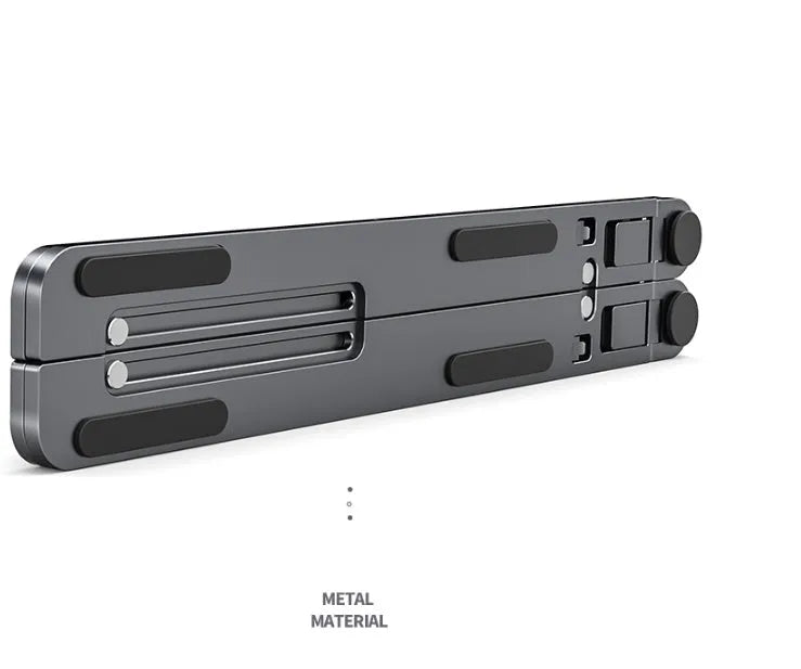 Foldable aluminium laptop stand in silver colour, shown adjusted to a height with a laptop on it