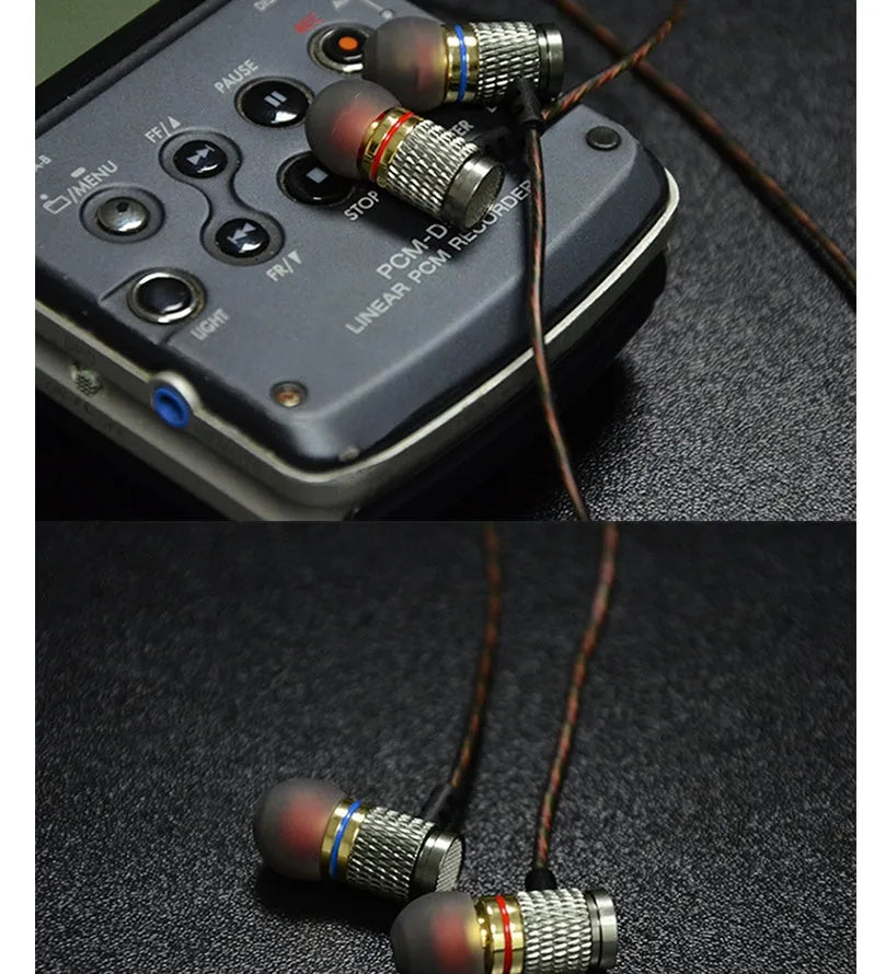 Wired in-ear headphones with metal subwoofer, 3.5mm L-bend plug, and choice of standard or microphone model.
