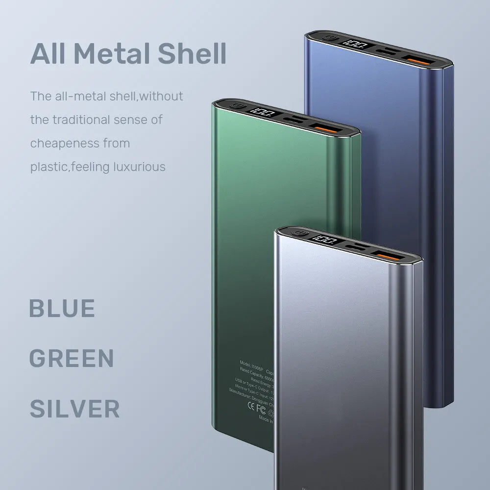10,000mAh full metal shell power bank with digital display in silver