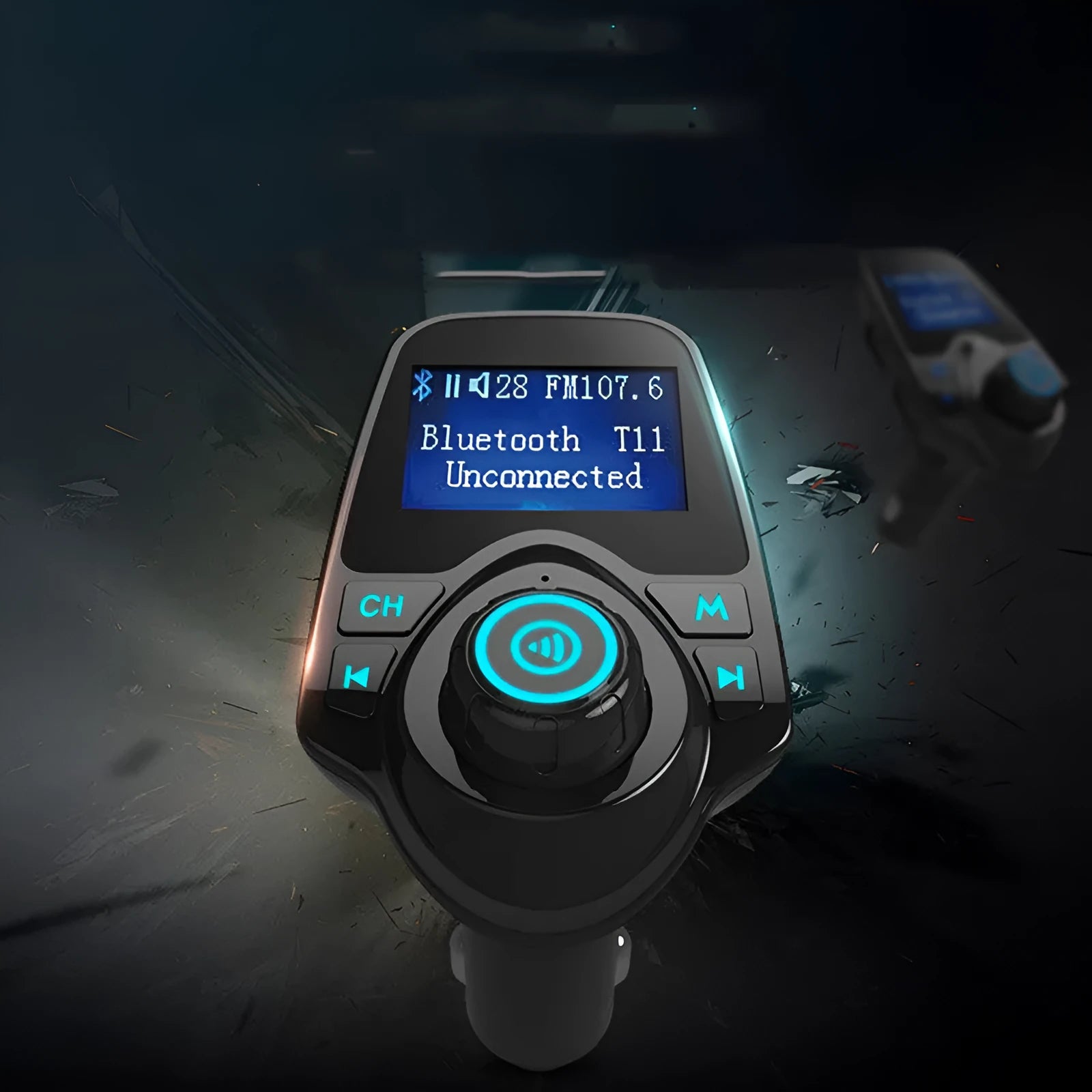 Black car Bluetooth hands-free device with FM transmitter, USB port, and TF card slot