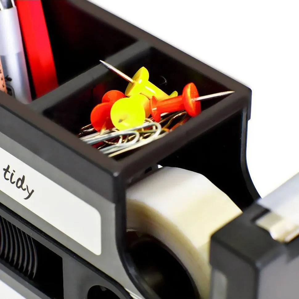 Cassette tape dispenser pen holder in ABS and stainless steel, 17x5x11.5cm, shown in black or blue with small core tape