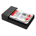 Black plastic 2.5-inch and 3.5-inch SATA hard drive enclosure with USB cable for portable storage conversion