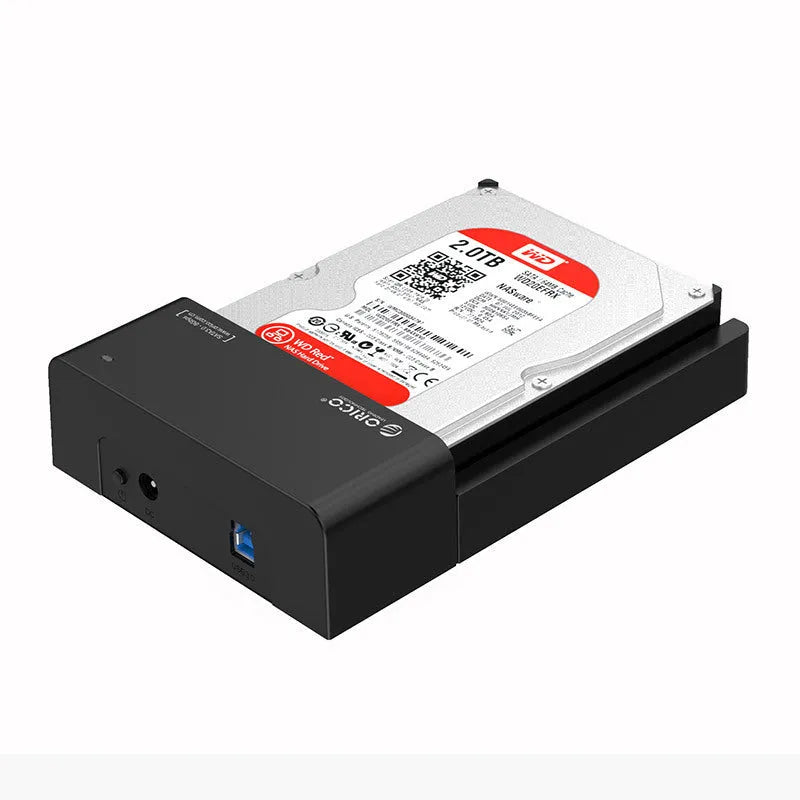 Black plastic 2.5-inch and 3.5-inch SATA hard drive enclosure with USB cable for portable storage conversion