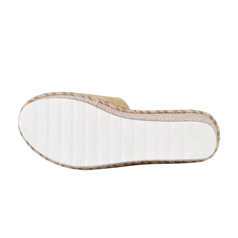 Women's wedge heel platform sandals with cloth upper and metal detail, plain style, front view