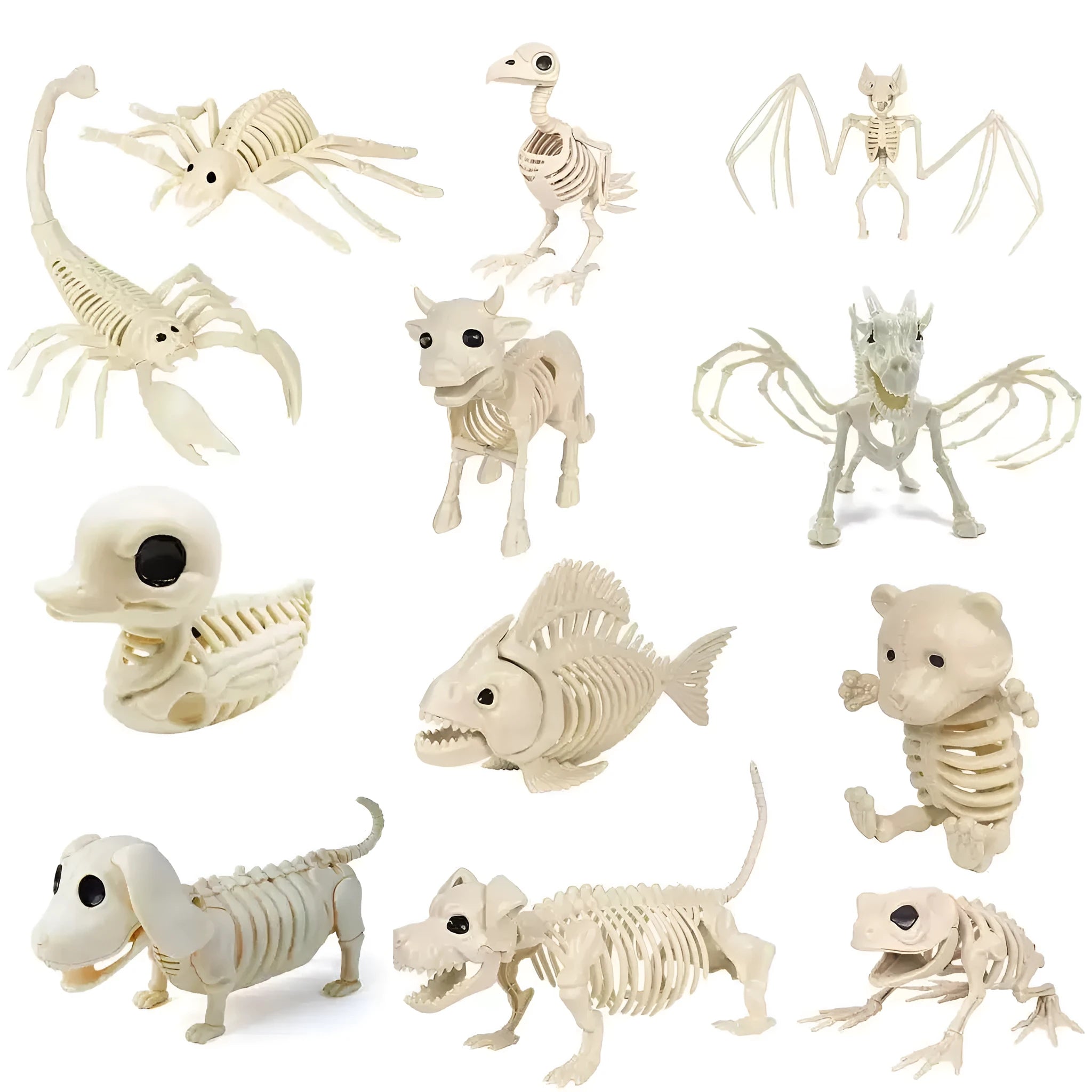 Plastic American-style animal skeleton Halloween decorations featuring bat, bear, cat, cattle, duck, fish, flying dragon, scorpion, small wax dog, snake, and spider