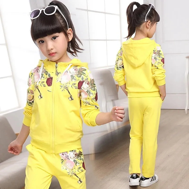 Two sets of boys' hooded tracksuits in pink, red or yellow for spring and autumn.