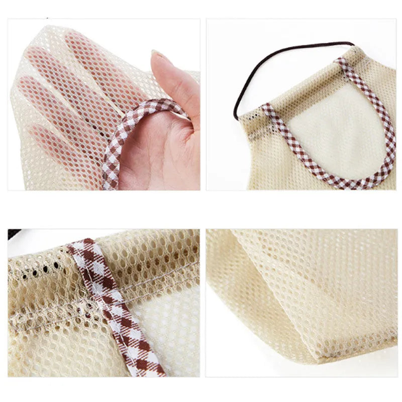 Beige plaid polyester mesh storage bag with cotton rope hanging loop on a white wall