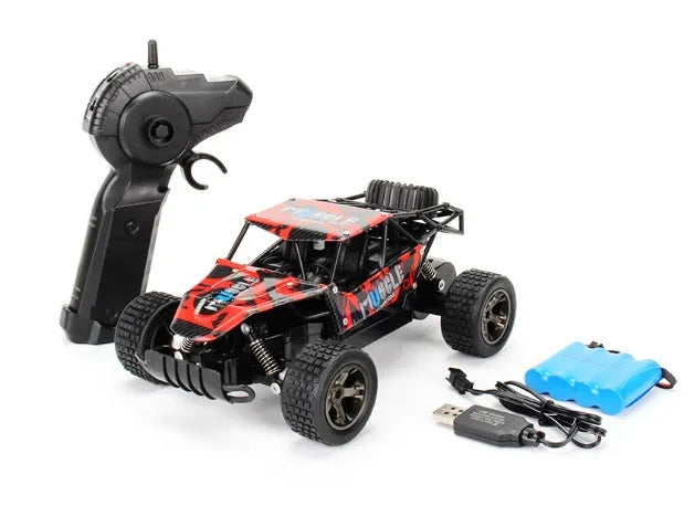 Blue and yellow 1:18 scale remote control drift car with 2.4GHz transmitter on a flat surface