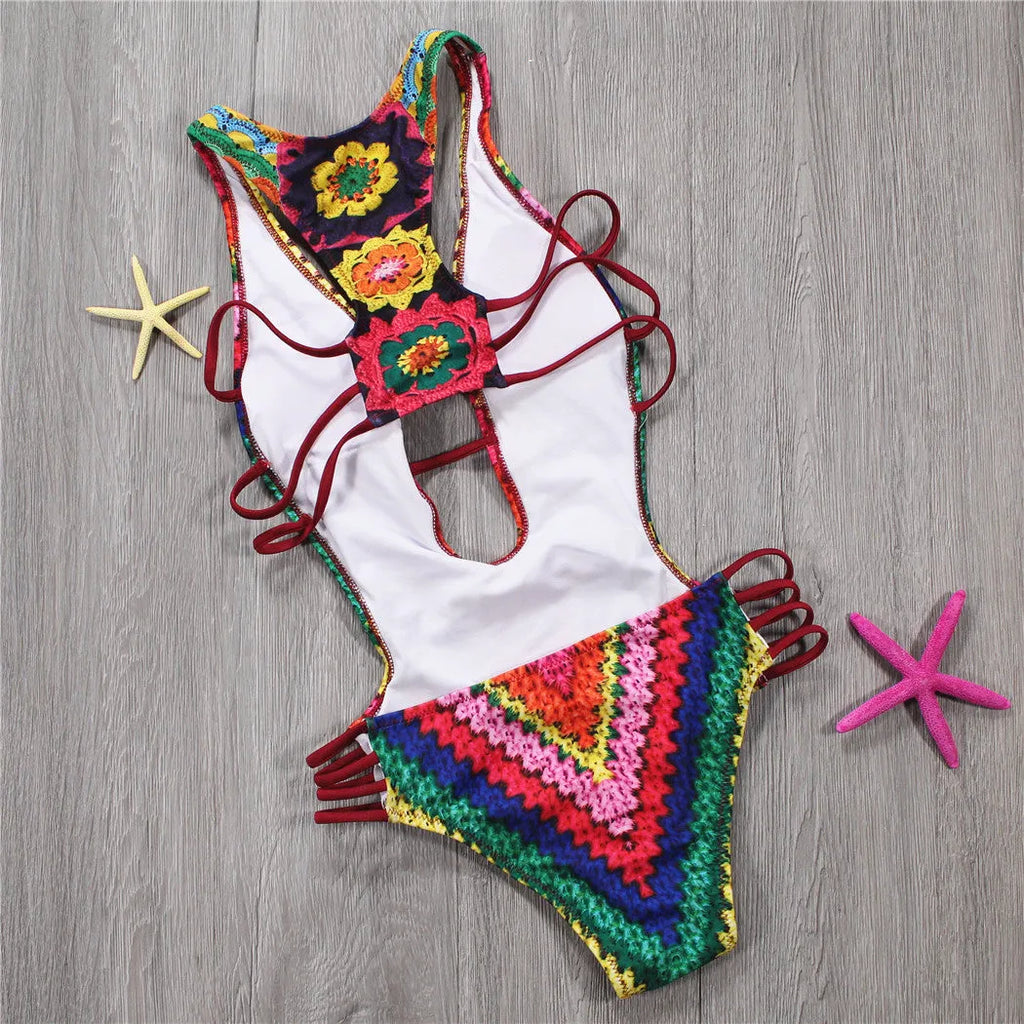 Women's printed one-piece swimsuit with open back, chest pad and rainbow colour option
