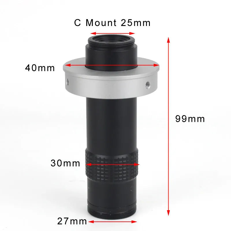 Black industrial monocular camera lens for 130x magnification with 60-300mm working distance.