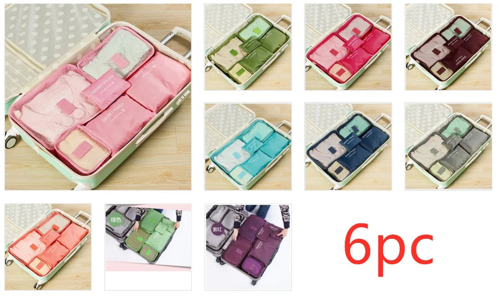 Six waterproof nylon packing cubes and organiser bags in various colours with mesh panels for travel