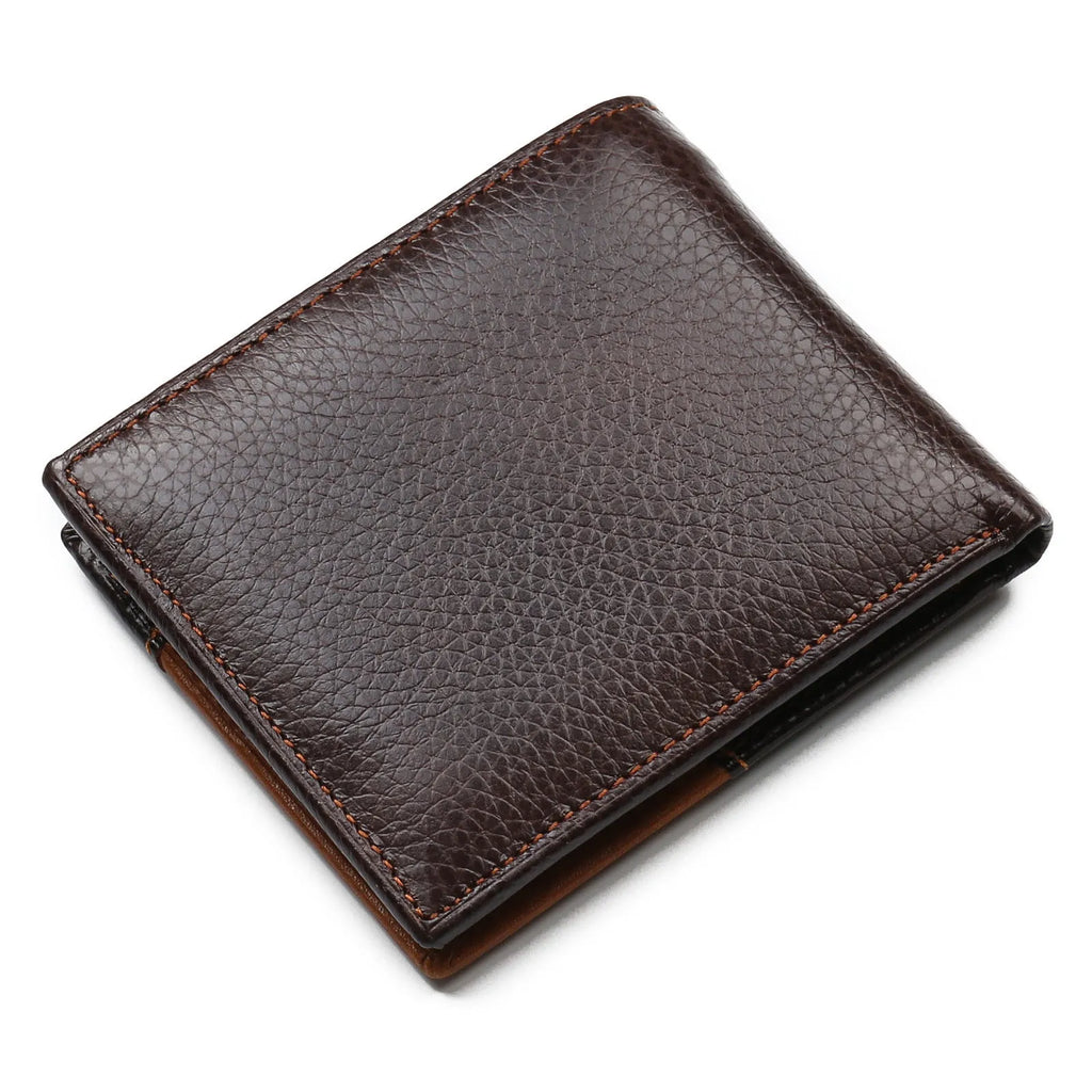 Men's brown leather wallet with white contrast stitching, open to show card slots, zipper coin pocket, and bill compartment.
