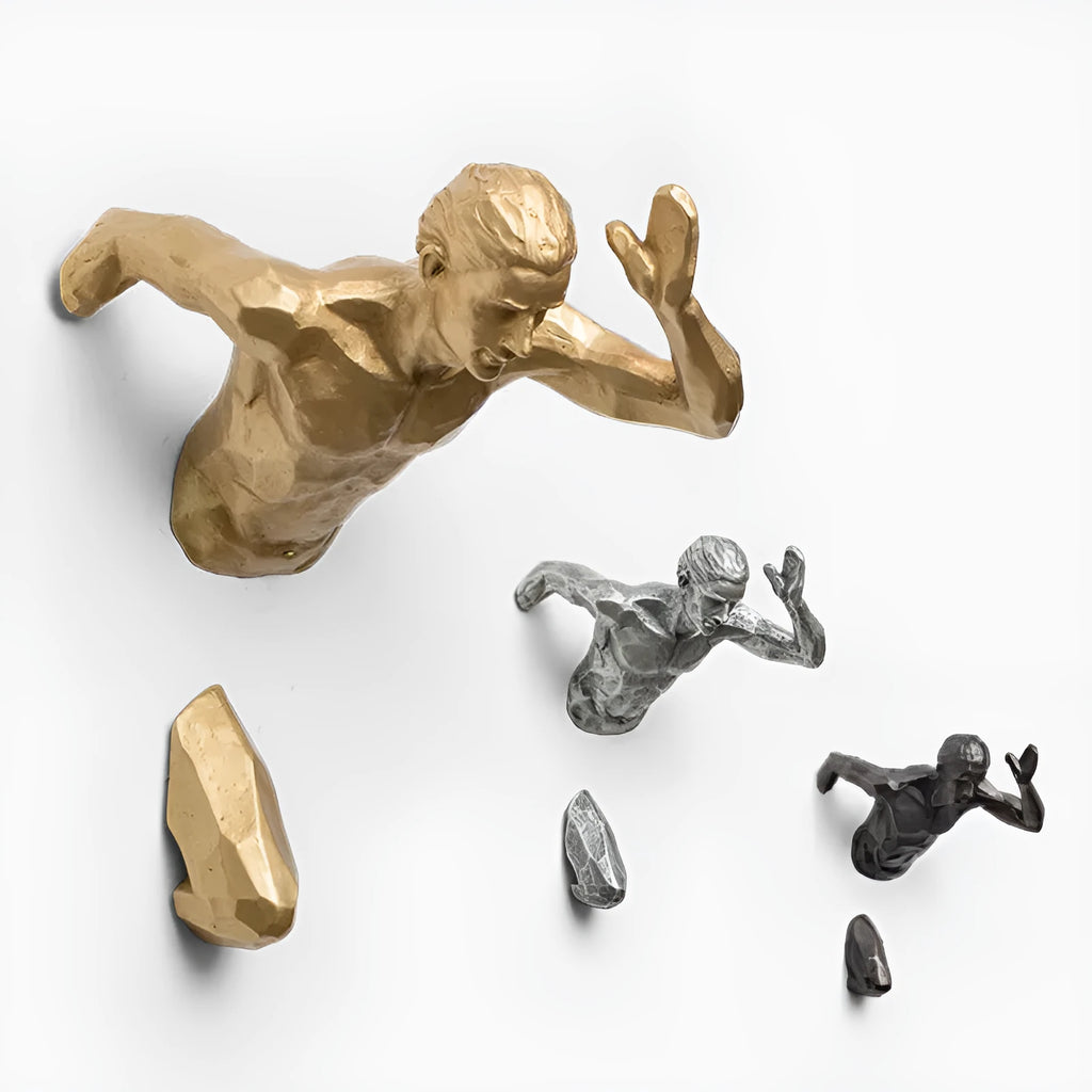 Minimalist metallic resin character sculpture wall hanging in copper finish.