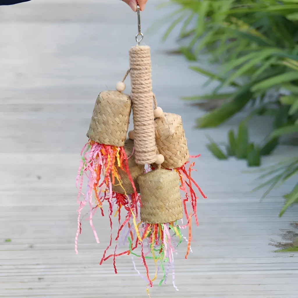 35cm colourful shredded paper bird toy hanging with wood and sisal construction for parrot cages