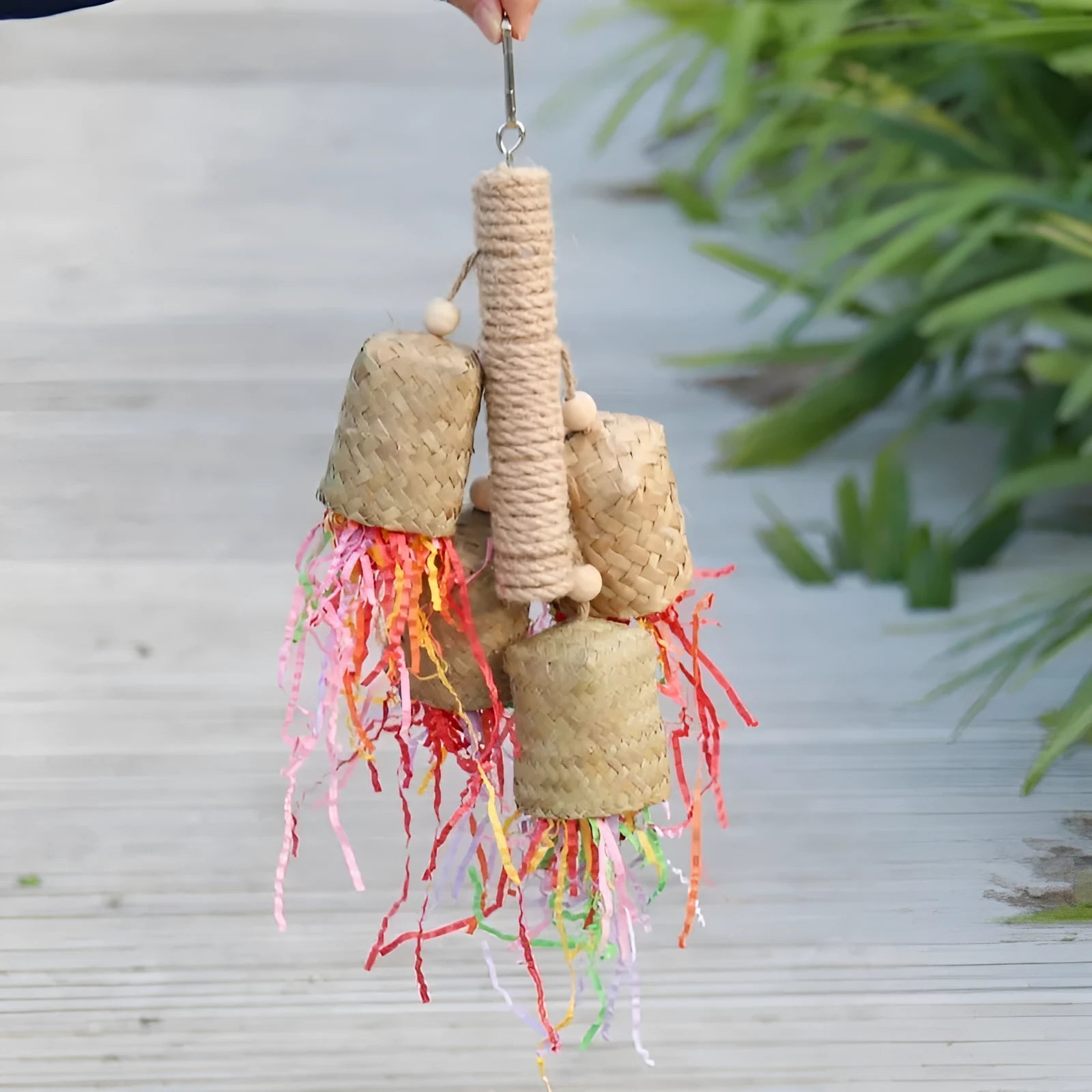 35cm colourful shredded paper bird toy hanging with wood and sisal construction for parrot cages