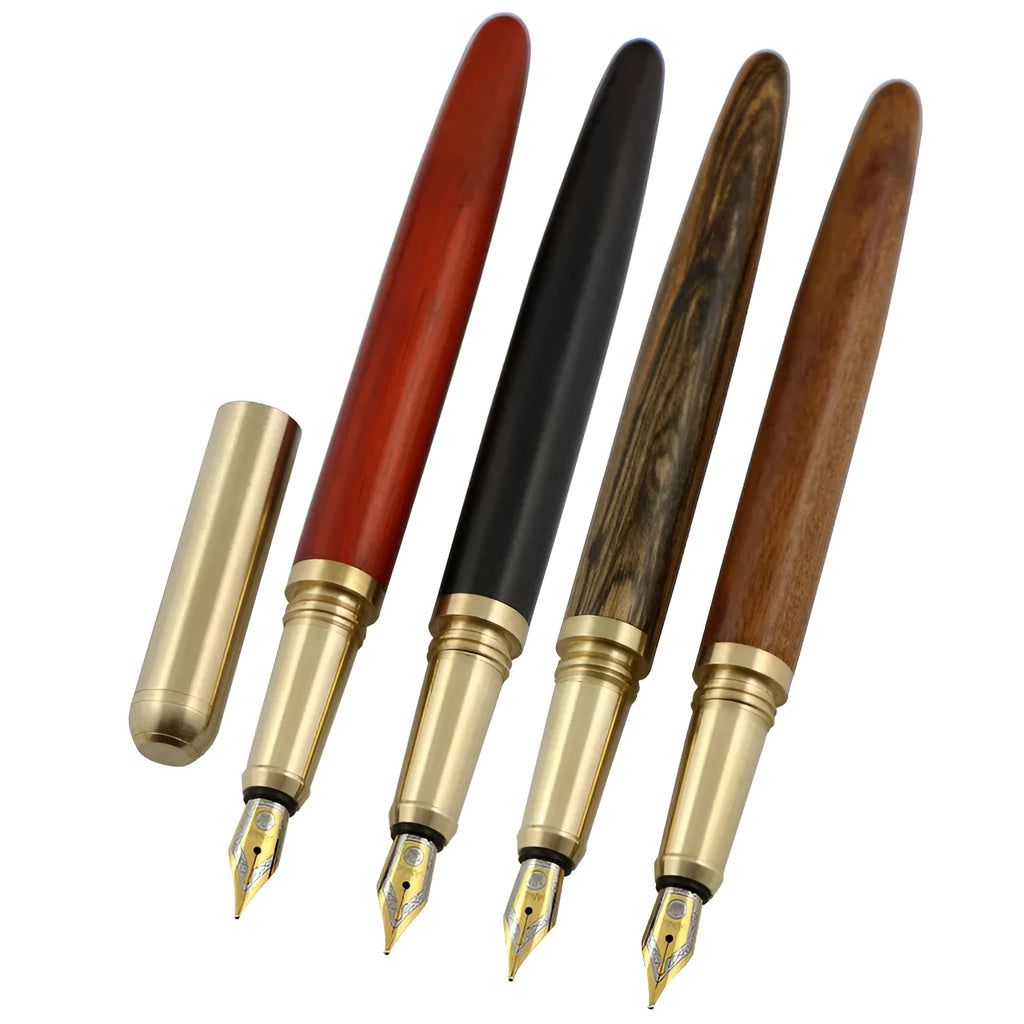 African rosewood fountain pen with brass accents and stainless steel nib, 152mm length, wooden barrel