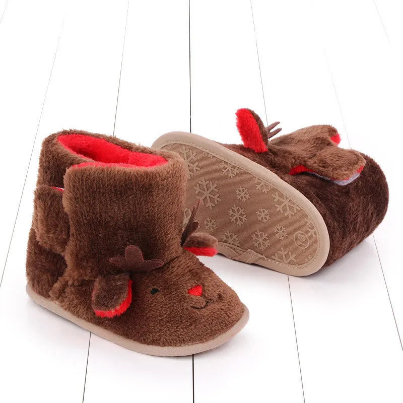 Plush cartoon baby boots in brown and white sizes 11cm 12cm 13cm for winter warmth
