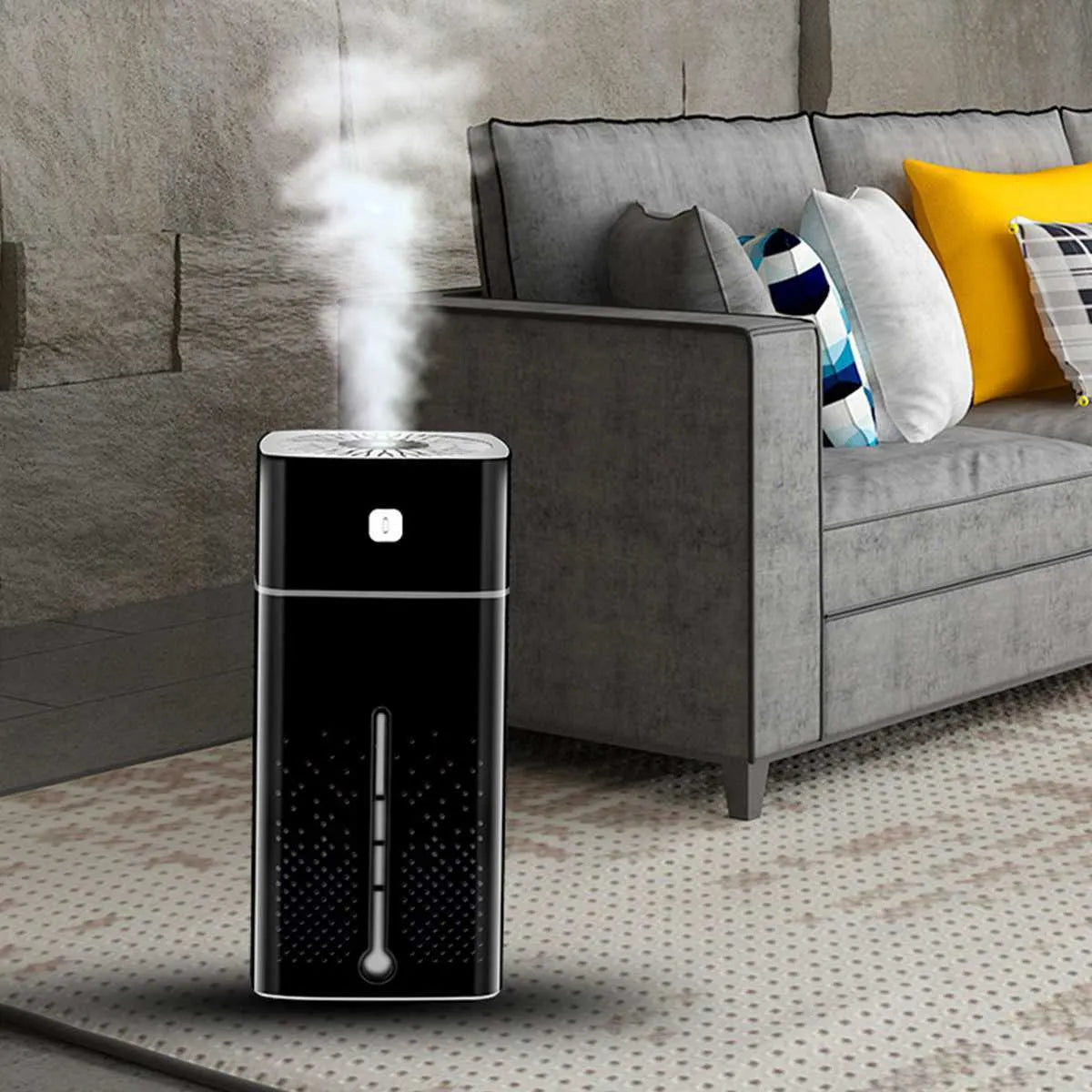 Black or white USB-powered desktop humidifier with 1000ml water tank.