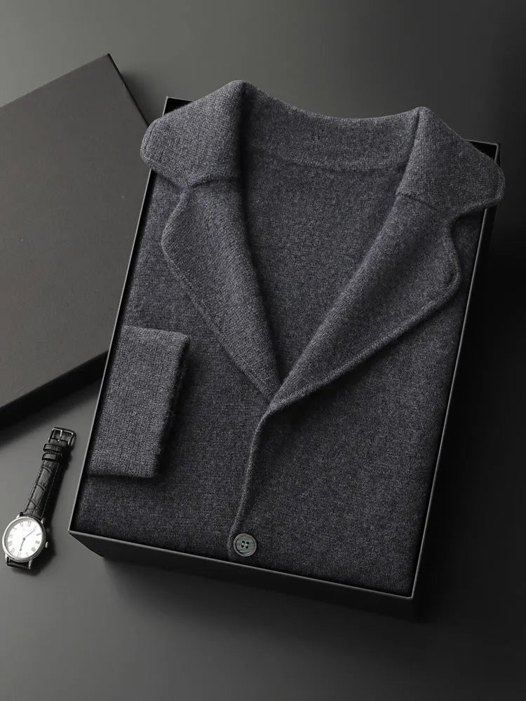 Men's loose grey cashmere cardigan sweater on a hanger