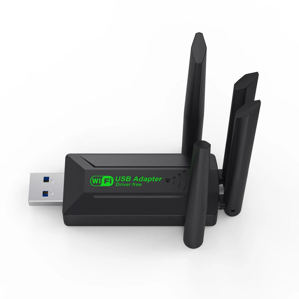 Black USB network transmitter dongle with four extended antennas for computer Wi-Fi connectivity.