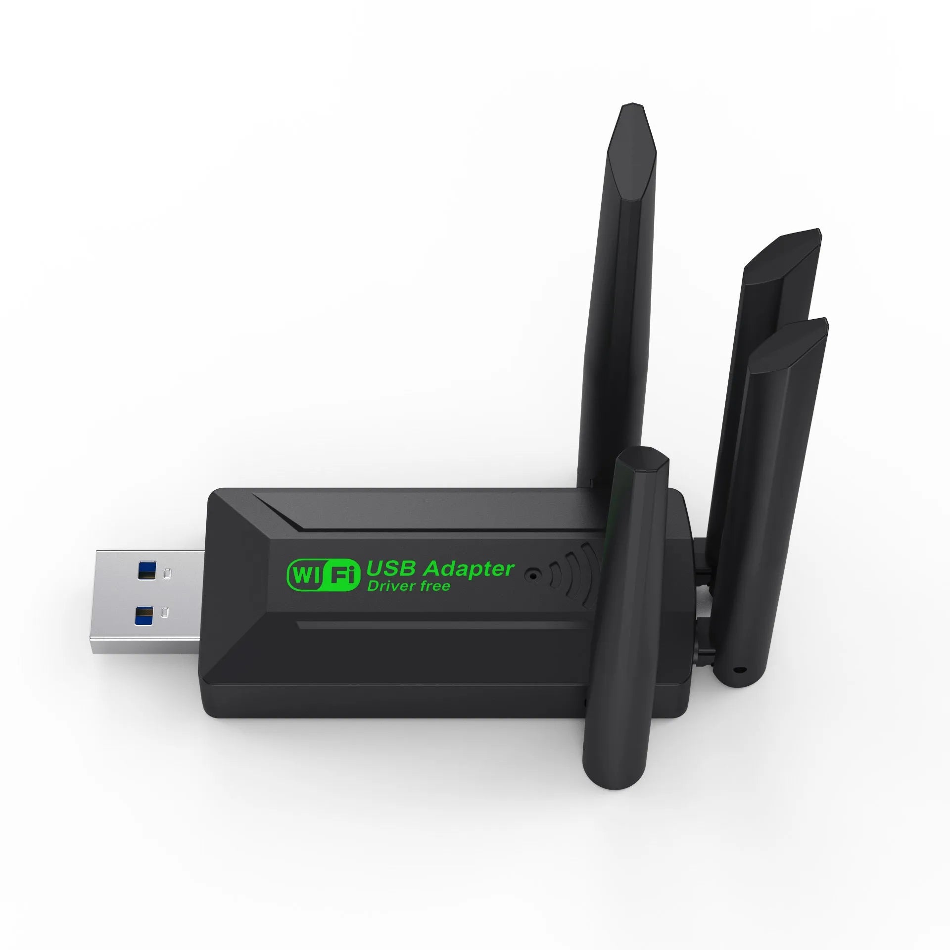 Black USB network transmitter dongle with four extended antennas for computer Wi-Fi connectivity.
