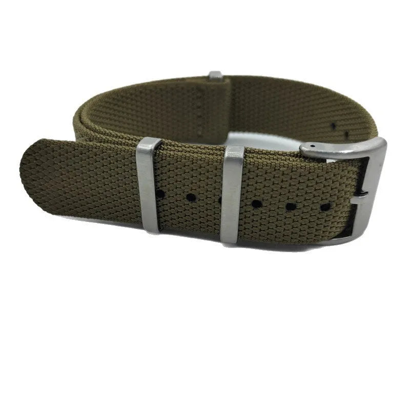 Nylon integrated replacement watch strap in five colours: black, grey, blue, khaki, and green.