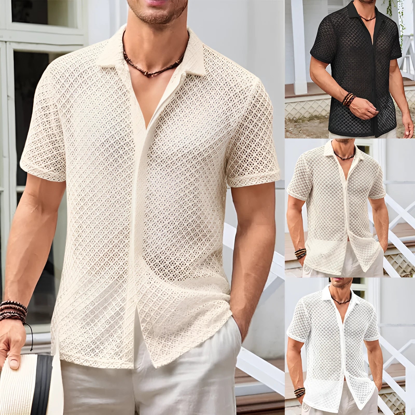 Man wearing a beige loose-fit short sleeve mesh lapel shirt on a beach.