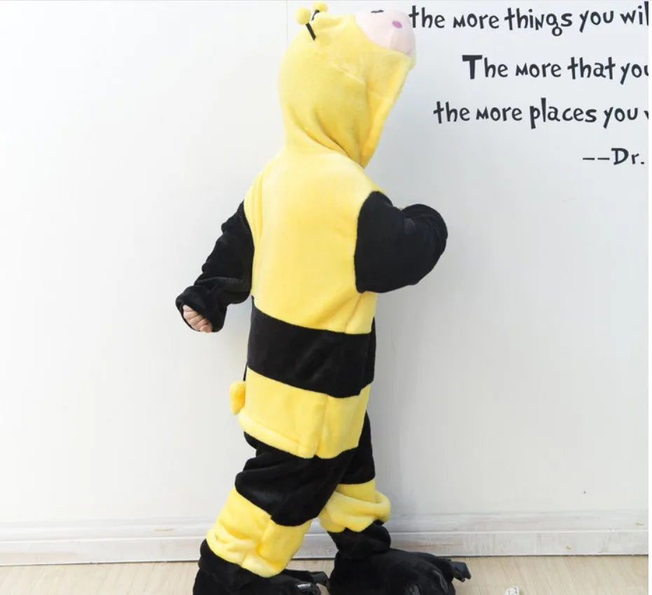 Children's carton animal bee one-piece flannel pajamas in Three-dimensional Bee colour with long sleeves