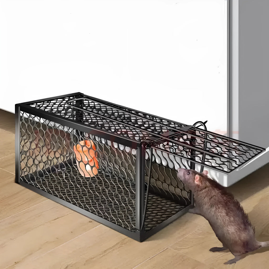 Automatic metal and plastic cage mousetrap for indoor mouse control, shown in large size.