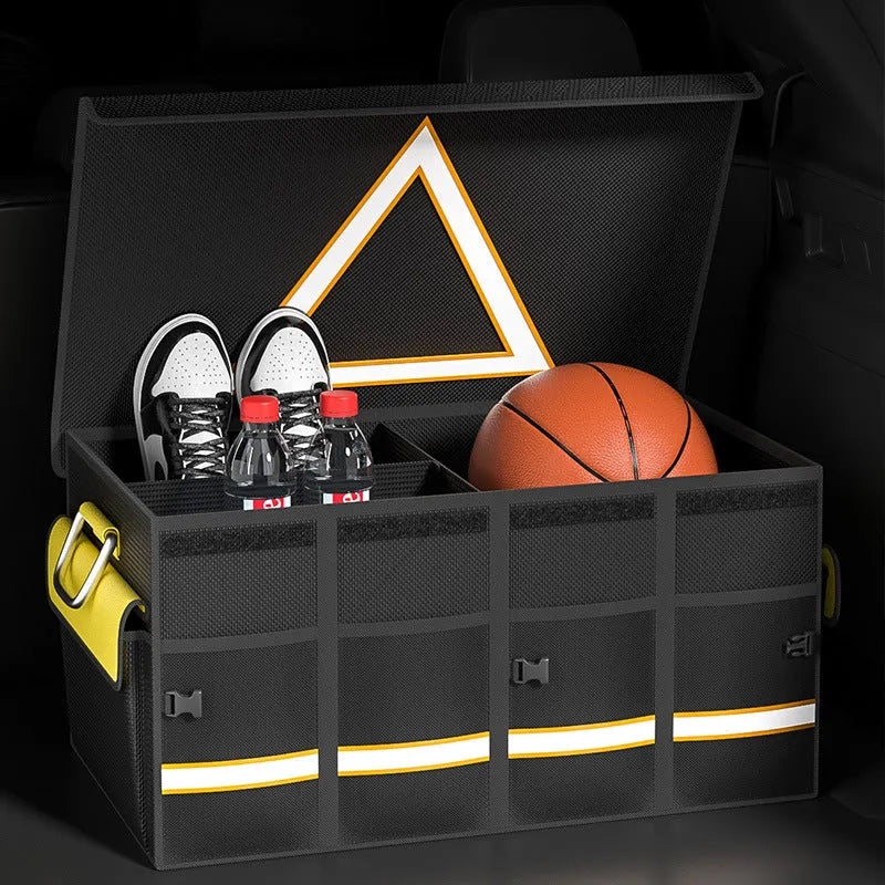 Foldable car boot storage organiser bag in black and yellow waterproof fabric with handle