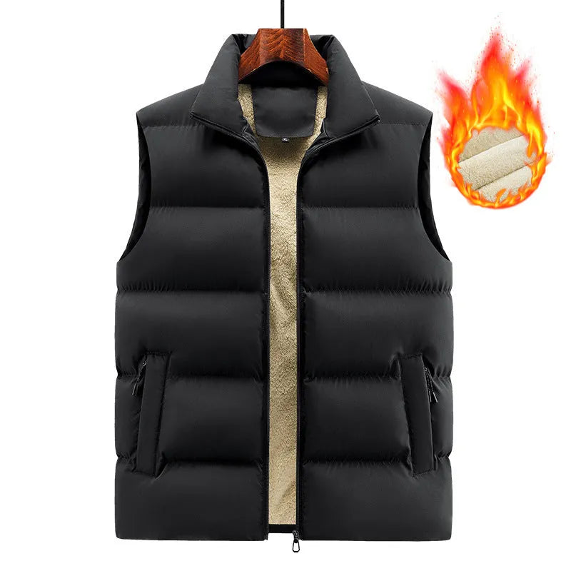 A man's striped lambswool waistcoat for autumn and winter in black, dark blue, or red.