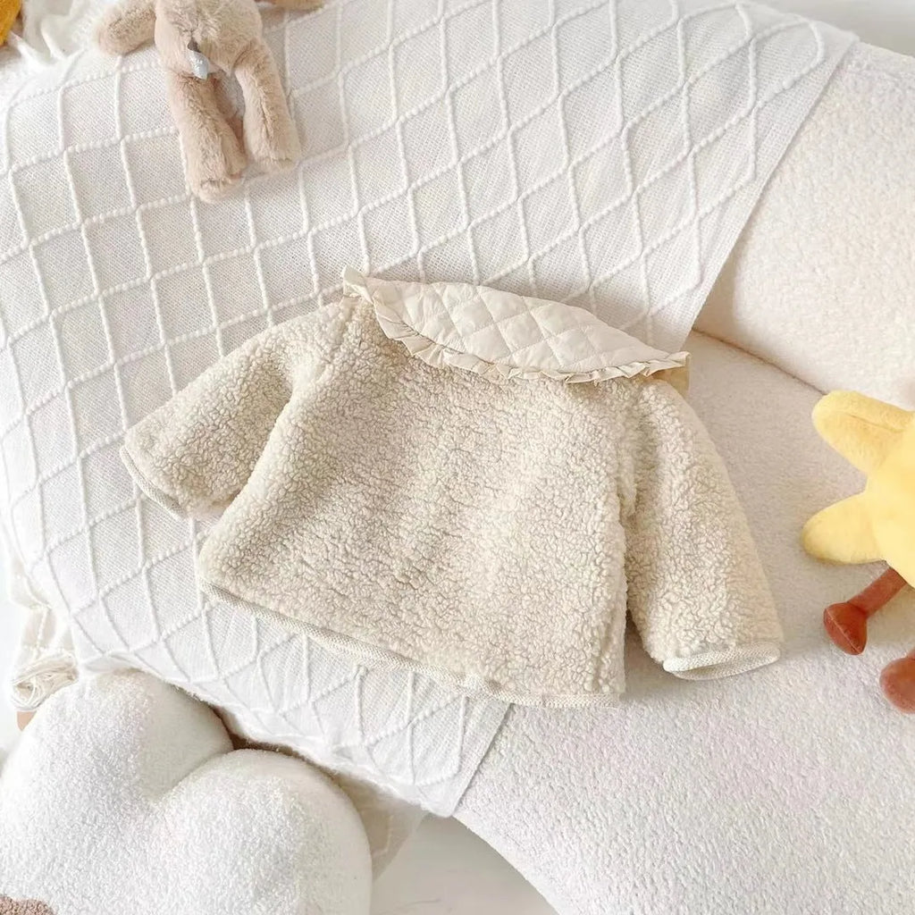 Children's fleece-lined lapel jacket in milky white, single-breasted, thickened, 80-130cm