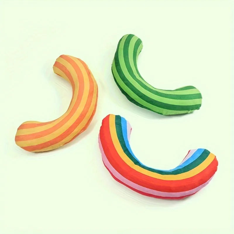 Striped pattern cat pillow toy with noise feature and catnip strip in green, rainbow and yellow colour options
