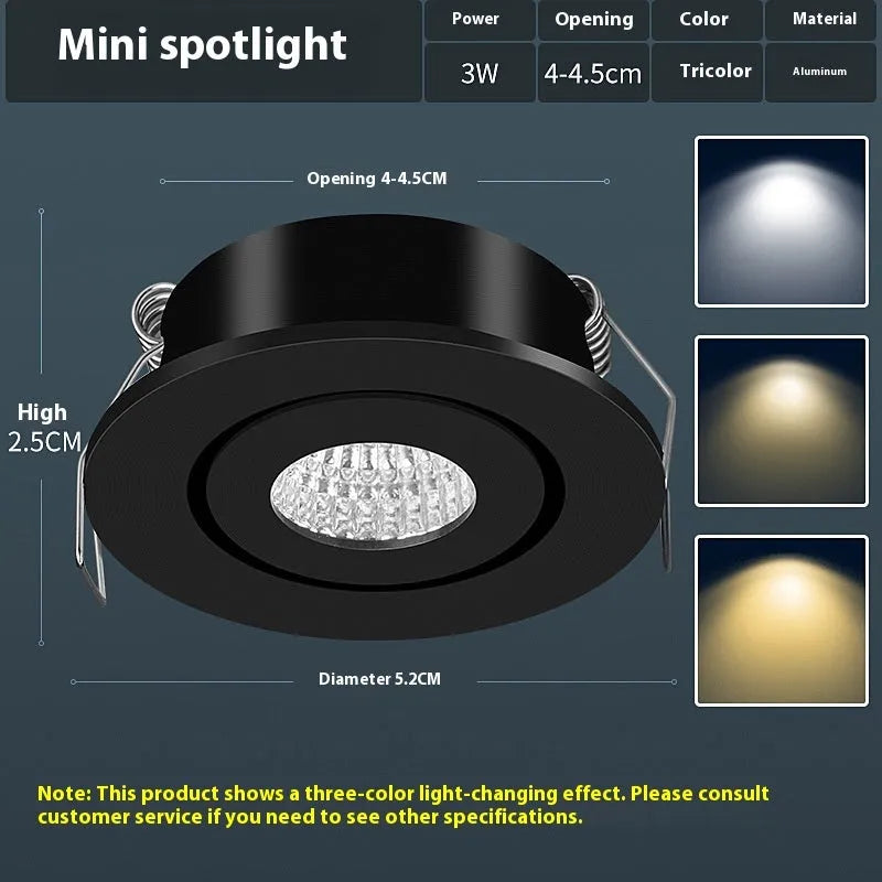 LED mini spotlight embedded concealed in ceiling with aluminium shell and tri-colour dimming