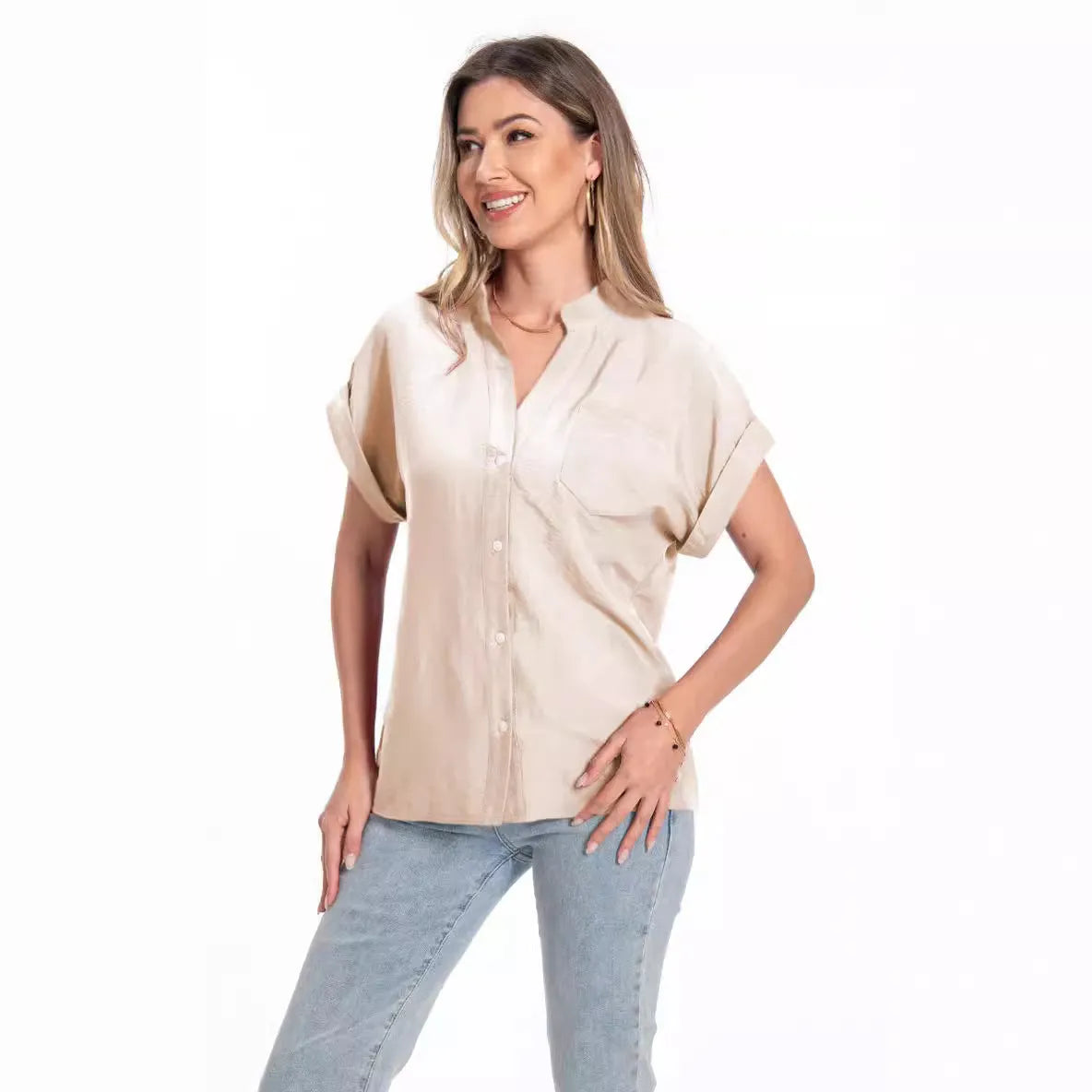 Women's stand collar button-front summer top in polyester with raglan sleeves