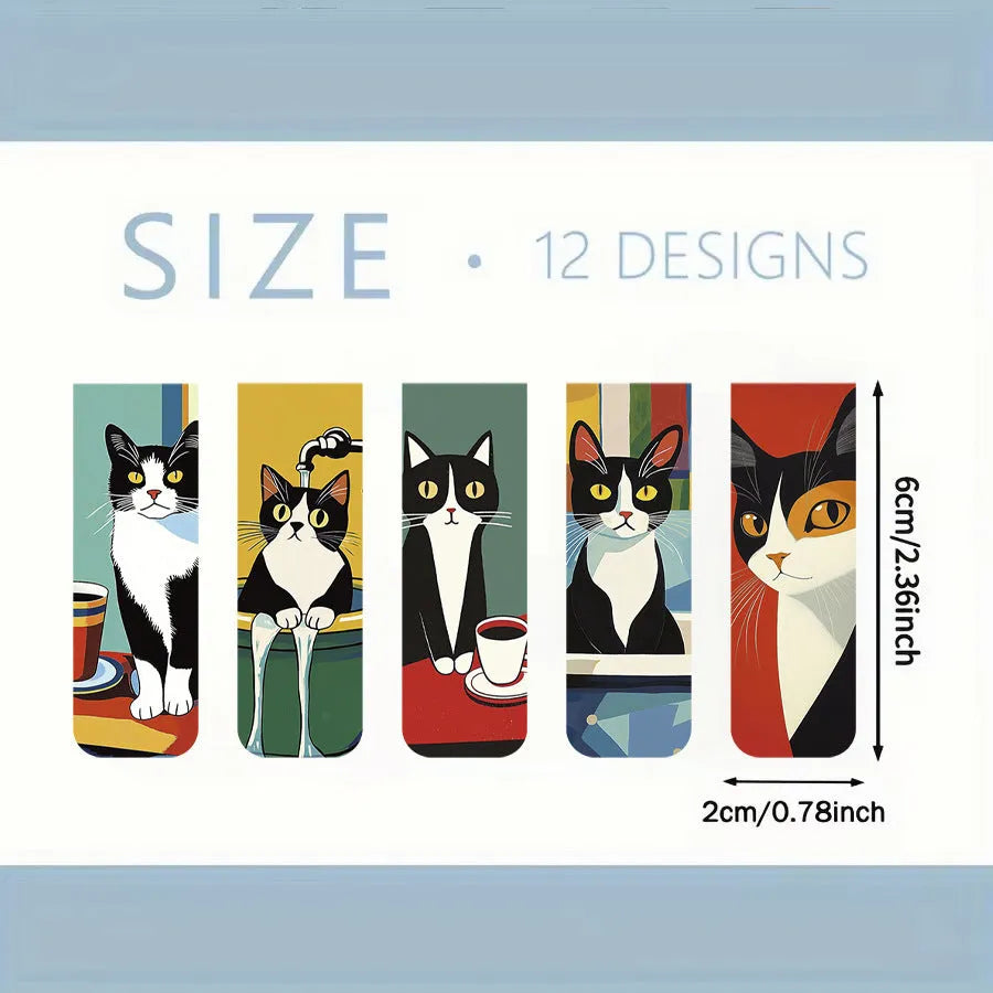 Set of five magnetic bookmarks with cute cat designs in assorted colours, displayed on a book page