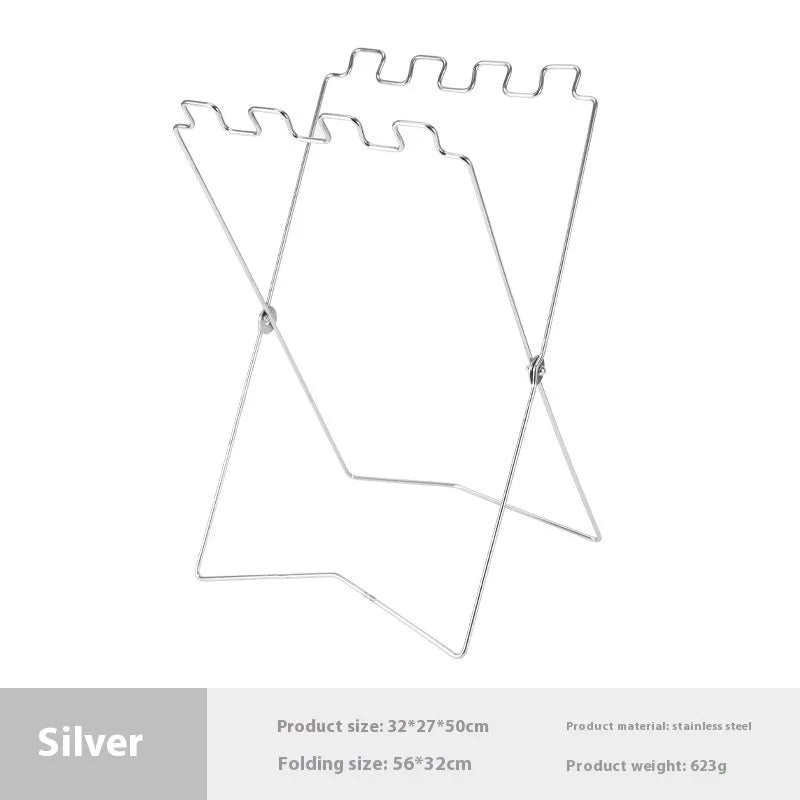 Silver folding garbage bag bracket made from stainless steel for camping and household waste management