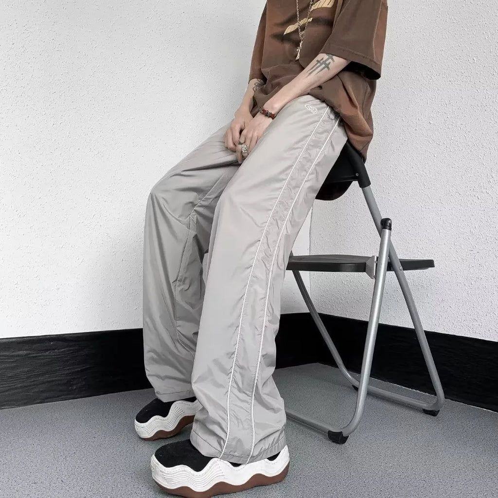 Men's ice silk wide leg striped casual pants in navy blue, mid waist, straight leg, summer loose trousers