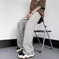 Men's ice silk wide leg striped casual pants in navy blue, mid waist, straight leg, summer loose trousers