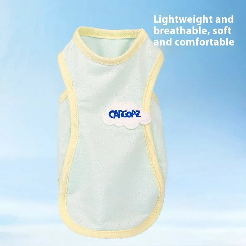 Lightweight green polyester anti-lint vest for cats on a mannequin.