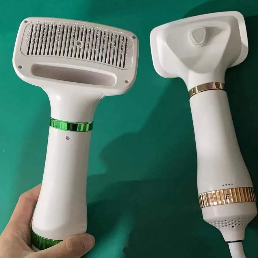 Second generation pet hair dryer with integrated hot air comb in platinum or white green.
