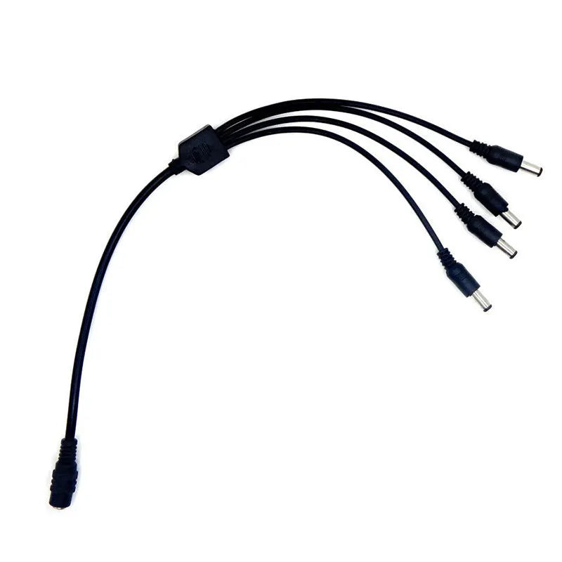Black 12V DC one-to-four monitoring power splitter cable with 5.5mm connectors for CCTV cameras
