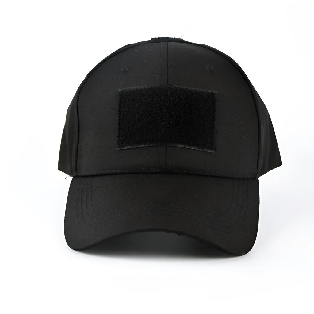 Cotton twill baseball cap with Velcro front panel and embroidered letter pattern in Black