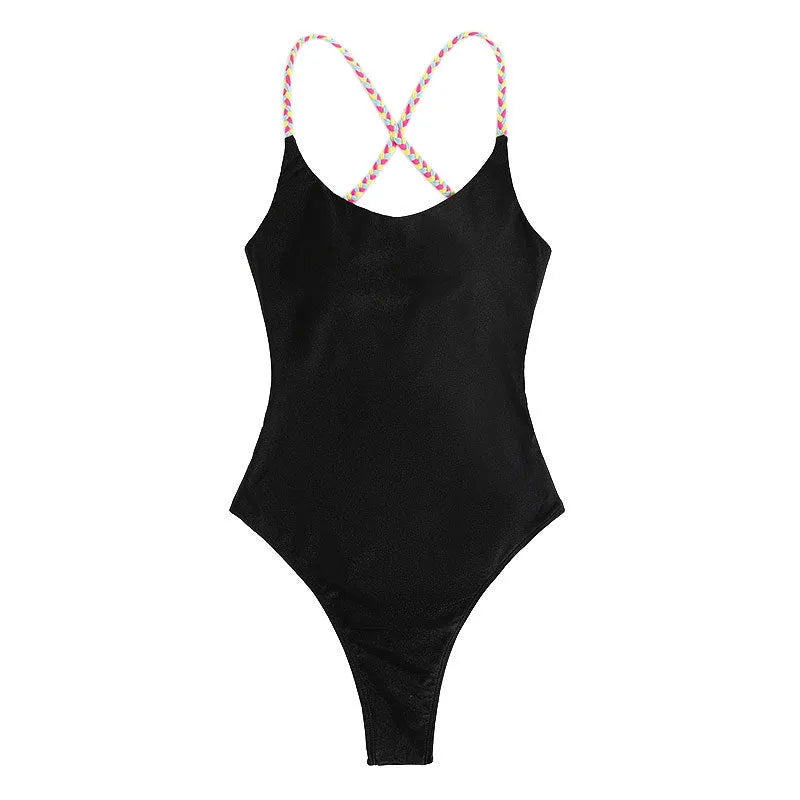 Black backless one-piece swimsuit for women made from nylon fabric