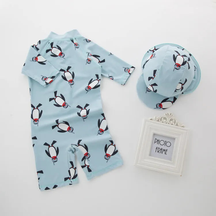 Boy's penguin print long sleeve one-piece swimsuit with matching swimming cap set