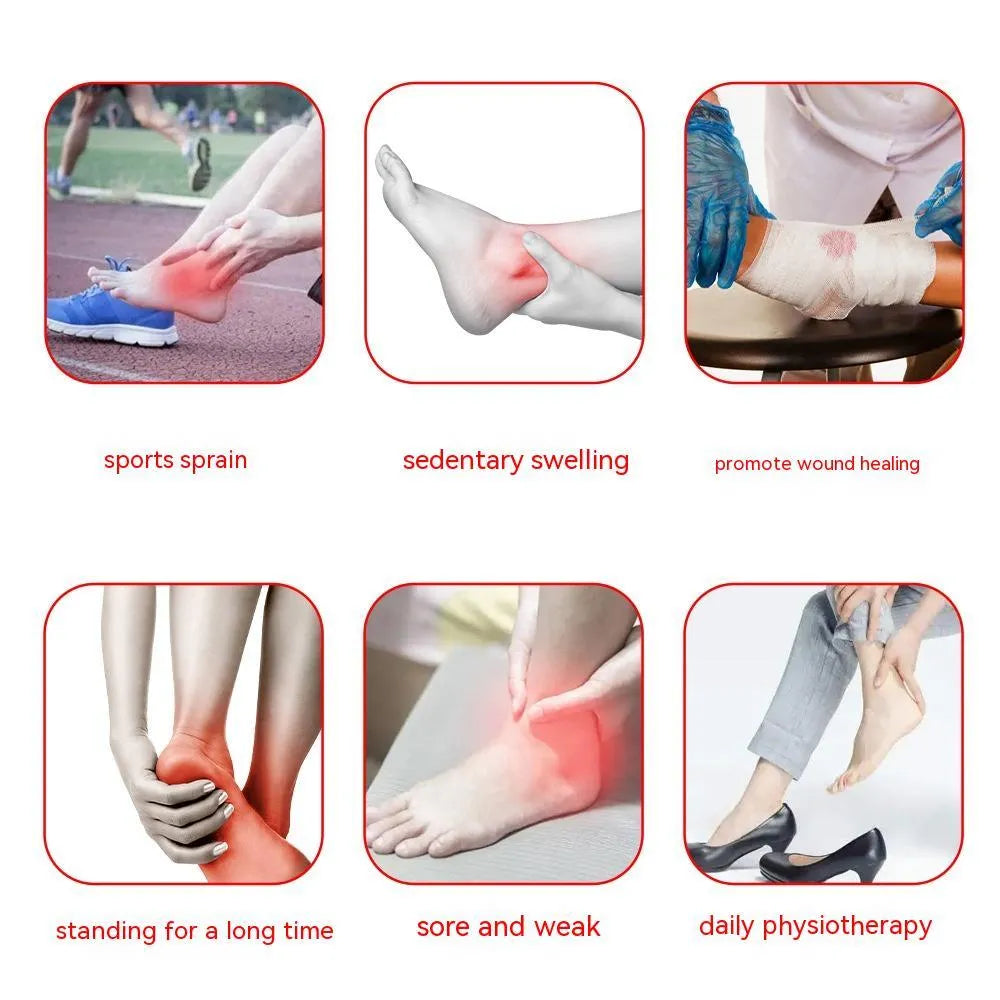 Black adjustable ankle support with red light and heating, USB cable attached