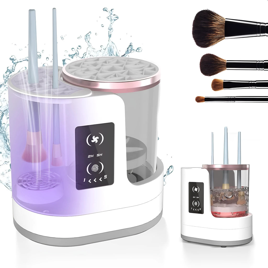 White rechargeable electric makeup brush cleaner with drying chamber on a vanity table.